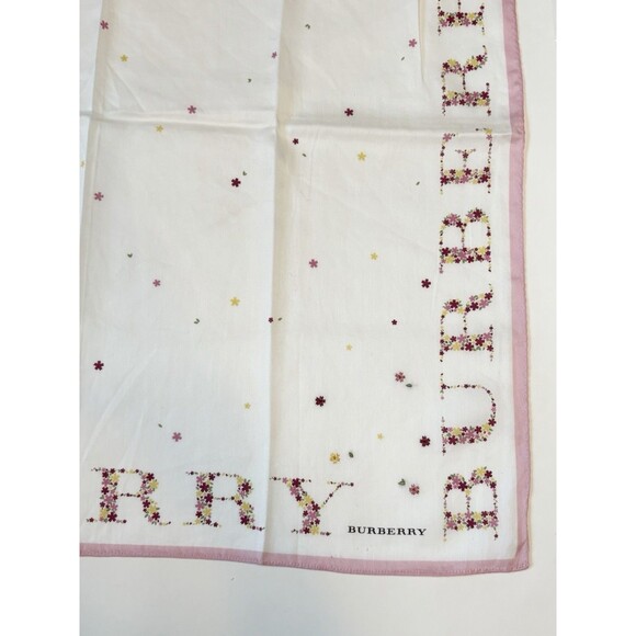 Burberry Scarf White w/ Pink Floral Pattern & Large Monogram Logo Flowers - Picture 3 of 9